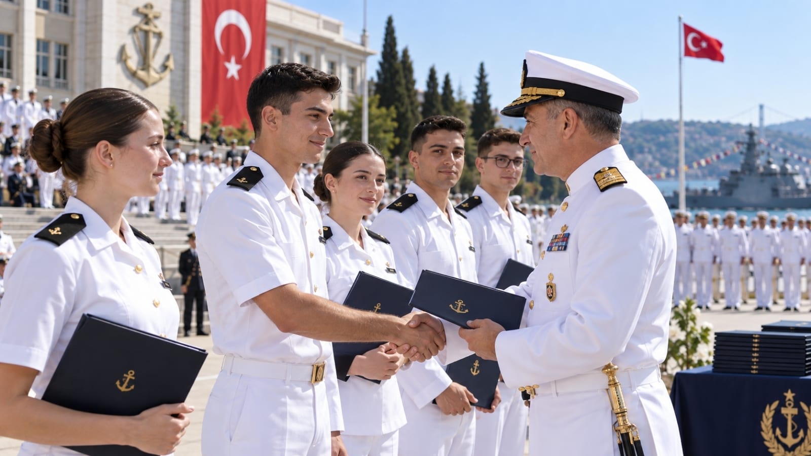 Deniz Harp Okulu mezunları diploma töreninde teğmenliğe geçiş sırasında kıdemli deniz subayıyla tokalaşırken