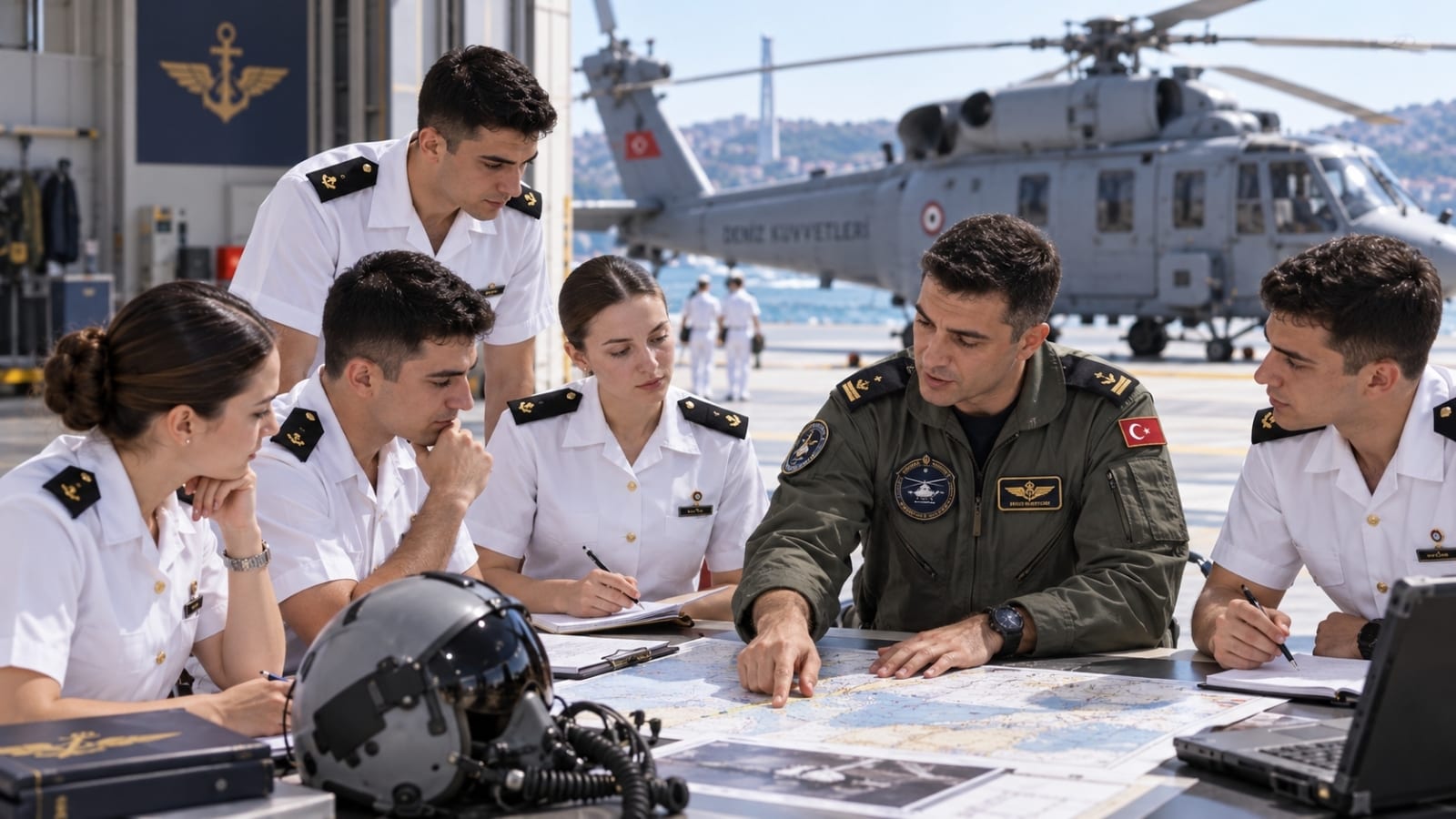 Deniz subayı adayları helikopter hangarında deniz havacılığı pilotundan uçuş planı ve görev brifingi alırken