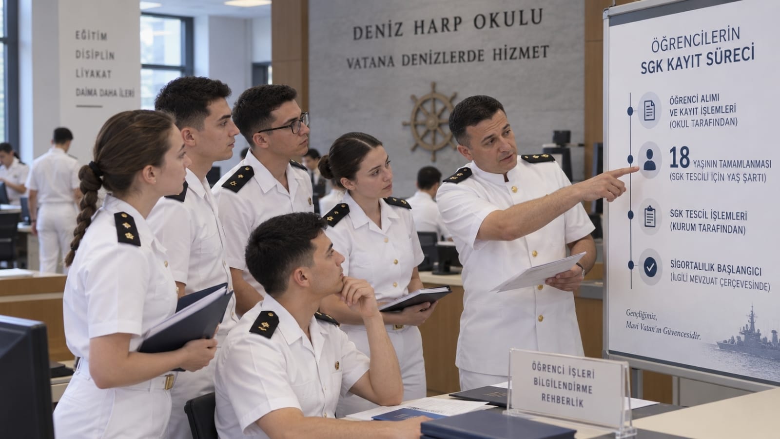 Deniz Harp Okulu öğrencileri kurum içi bilgilendirme alanında SGK kayıt süreci, 18 yaş şartı ve sigortalılık başlangıcını anlatan panoyu incelerken