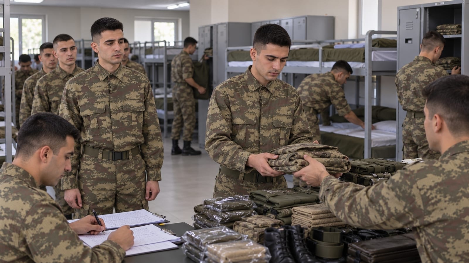 Acemi birliğinde kıyafet ve askerî malzeme dağıtımı yapılan rütbesiz erler.