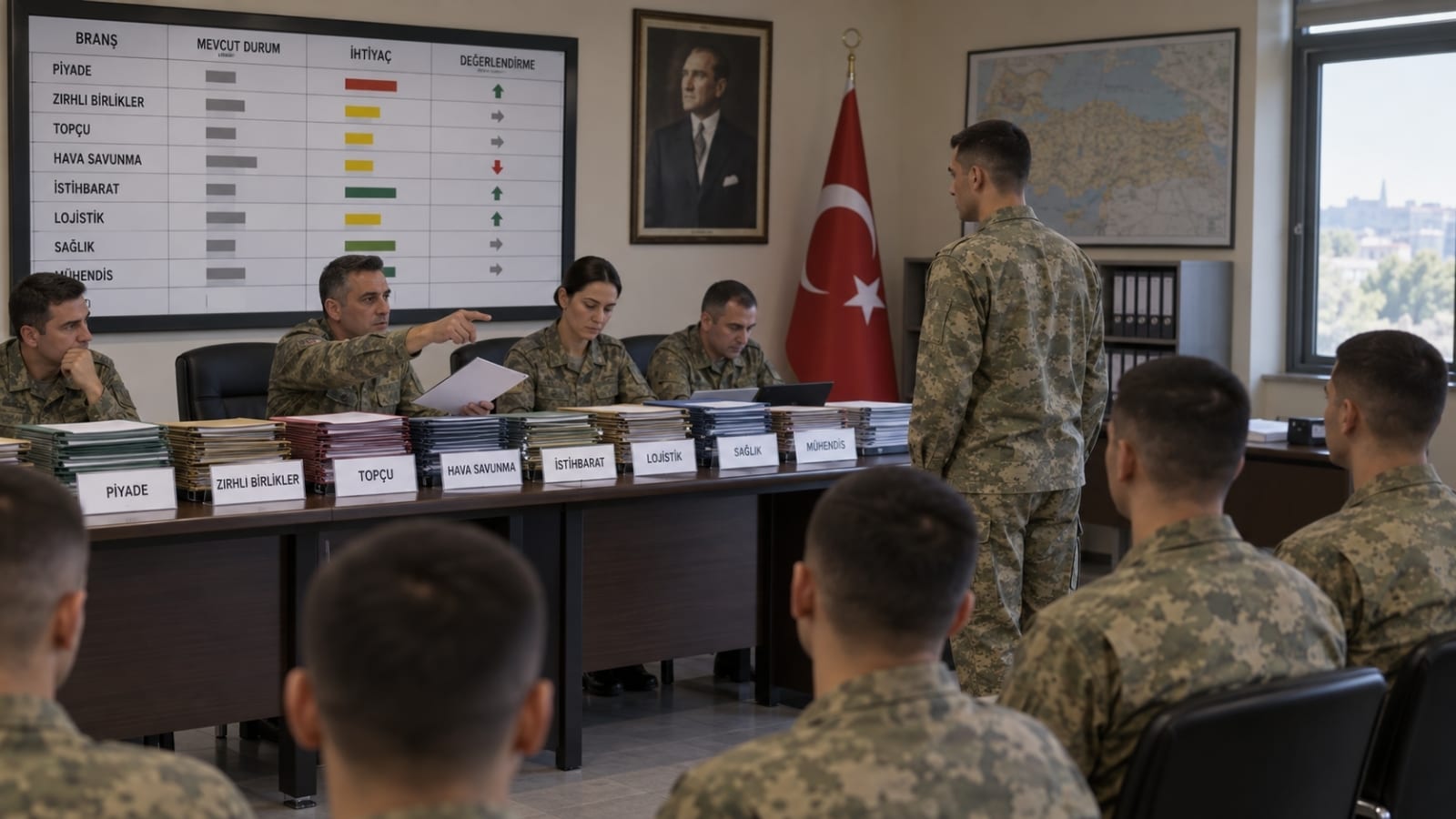 Yedek subay aday dosyalarının incelendiği sınıflandırma ve seçim sürecini gösteren askerî planlama ofisi.