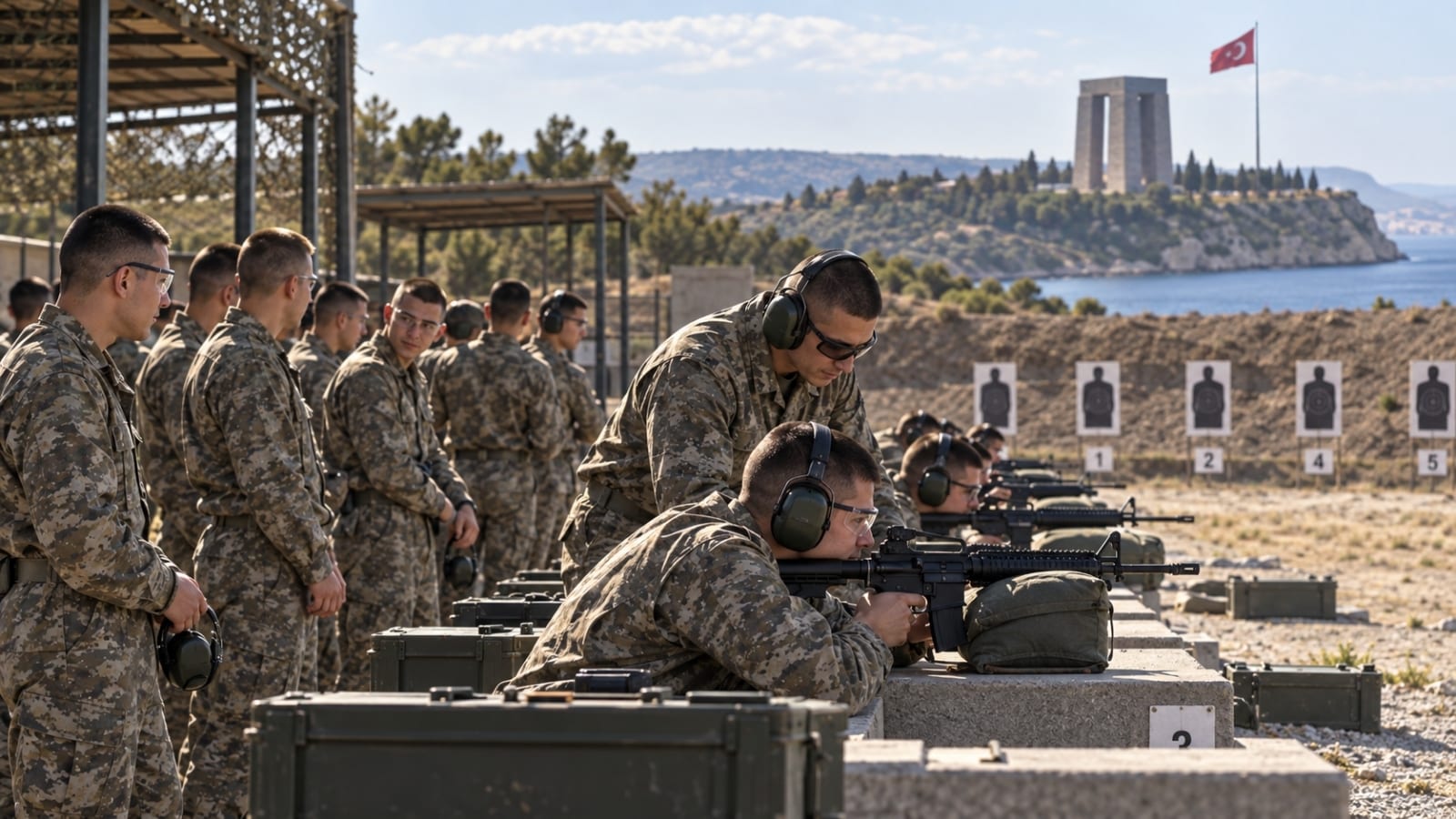 Çanakkale’deki acemi birliğinde kontrollü atış eğitimine katılan rütbesiz askerler.