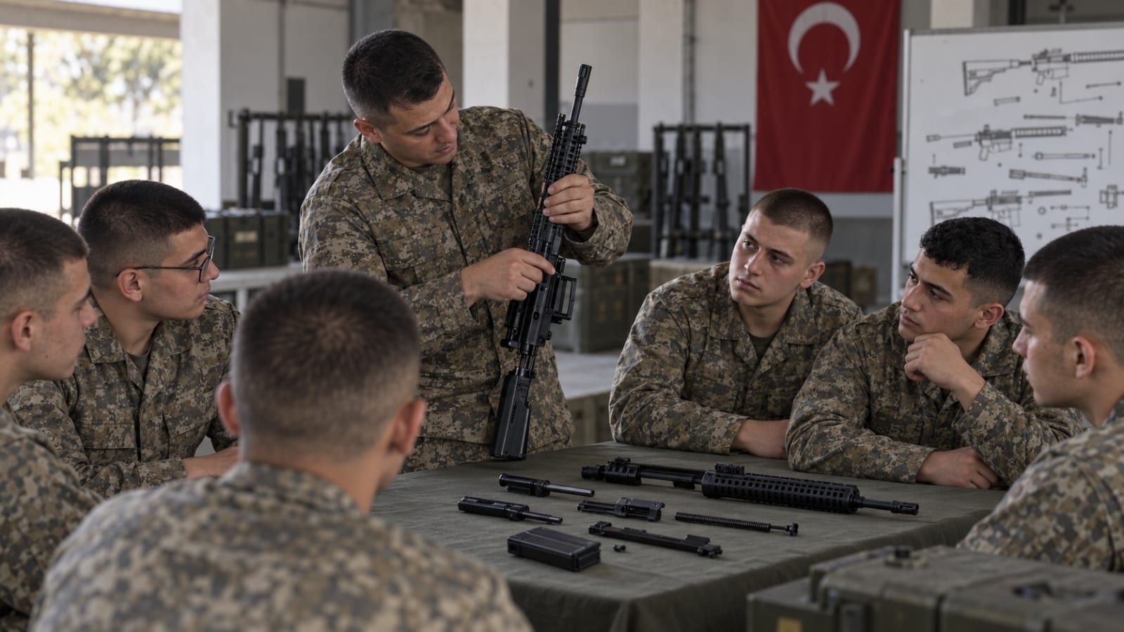 Acemi birliğinde eğitmen gözetiminde temel silah ve sökme-takma eğitimi alan rütbesiz askerler.