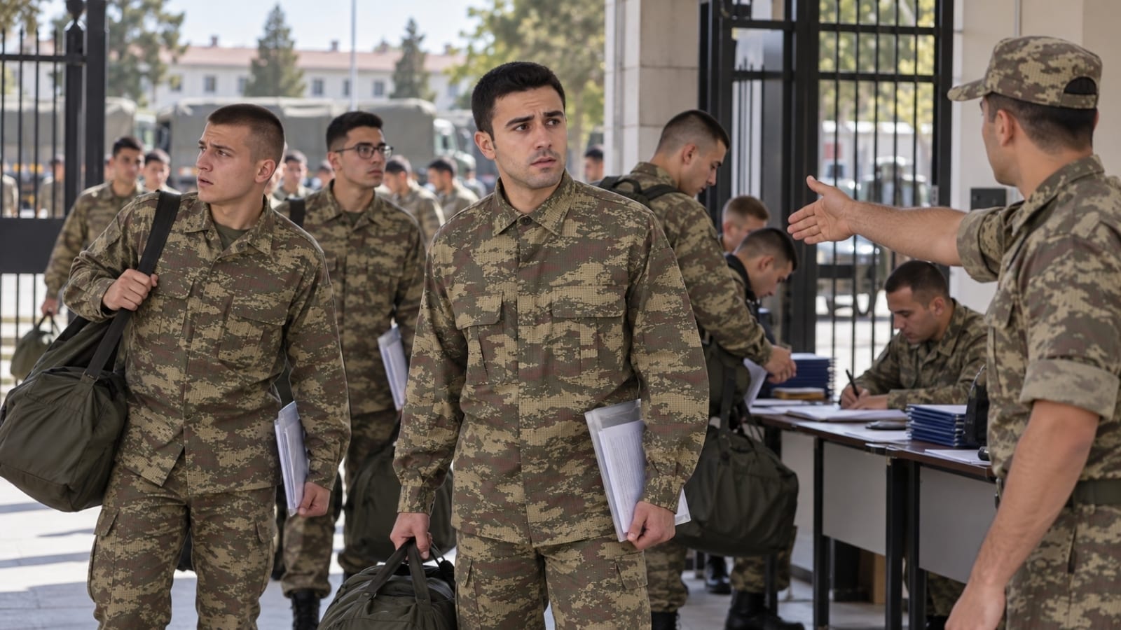 Acemi birliğine çantalarıyla giriş yapan rütbesiz erler ve ilk gün kayıt işlemleri.