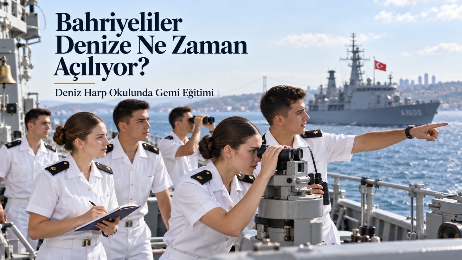 Deniz Harp Okulu öğrencileri askerî gemi güvertesinde gözlem ve seyir eğitimi yaparken