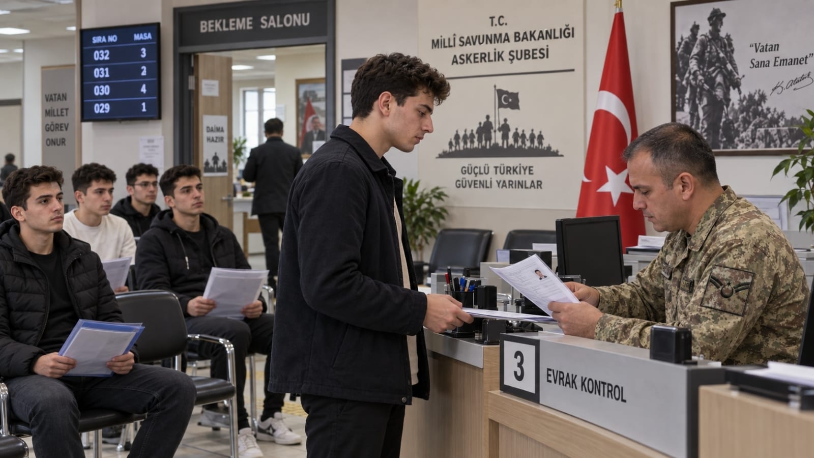 Yedek astsubaylık, altı aylık erlik ve bedelli askerlik seçeneklerinin anlatıldığı askerlik bilgilendirme sahnesi.