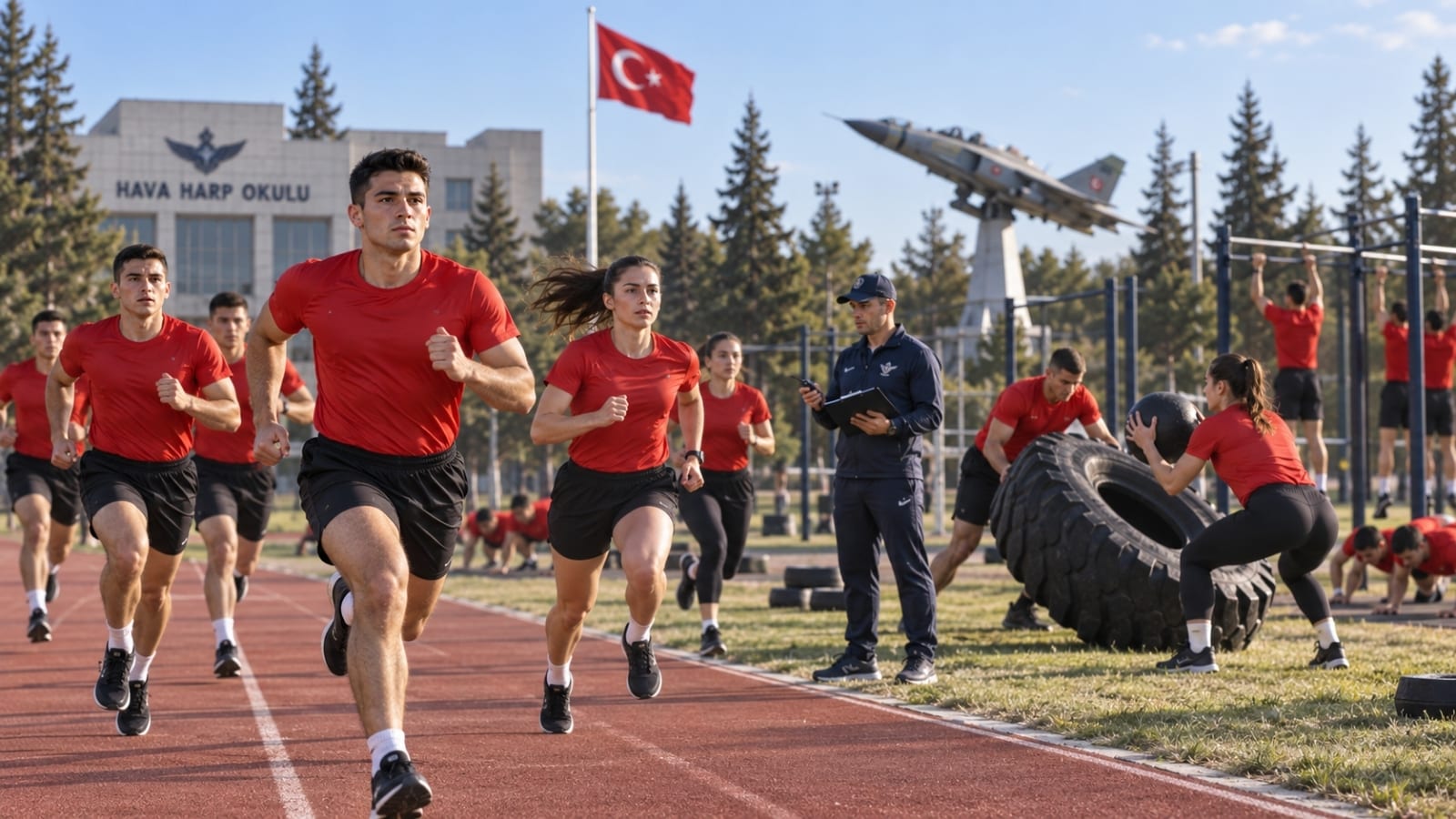 Hava Harp Okulu açık spor alanında koşu, lastik çevirme ve kuvvet çalışmalarıyla kondisyon antrenmanı yapan kadın ve erkek Harbiyeliler