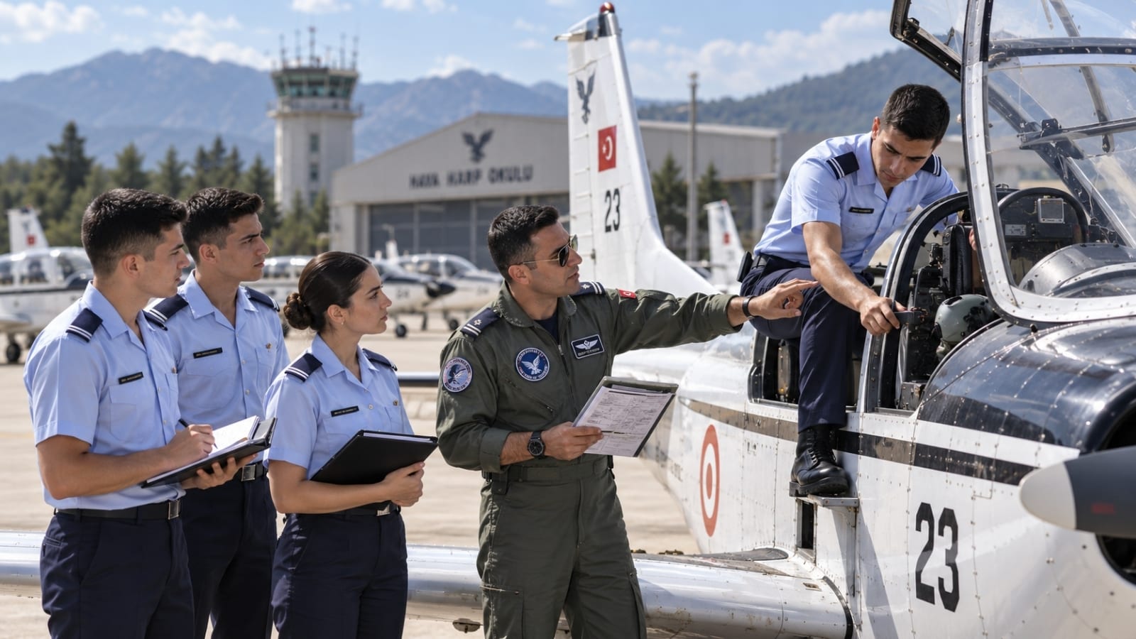 T-41D eğitim uçağı yanında öğretmen pilotun kokpit ve uçuş öncesi kontroller hakkında bilgi verdiği kadın ve erkek Hava Harp Okulu öğrencileri