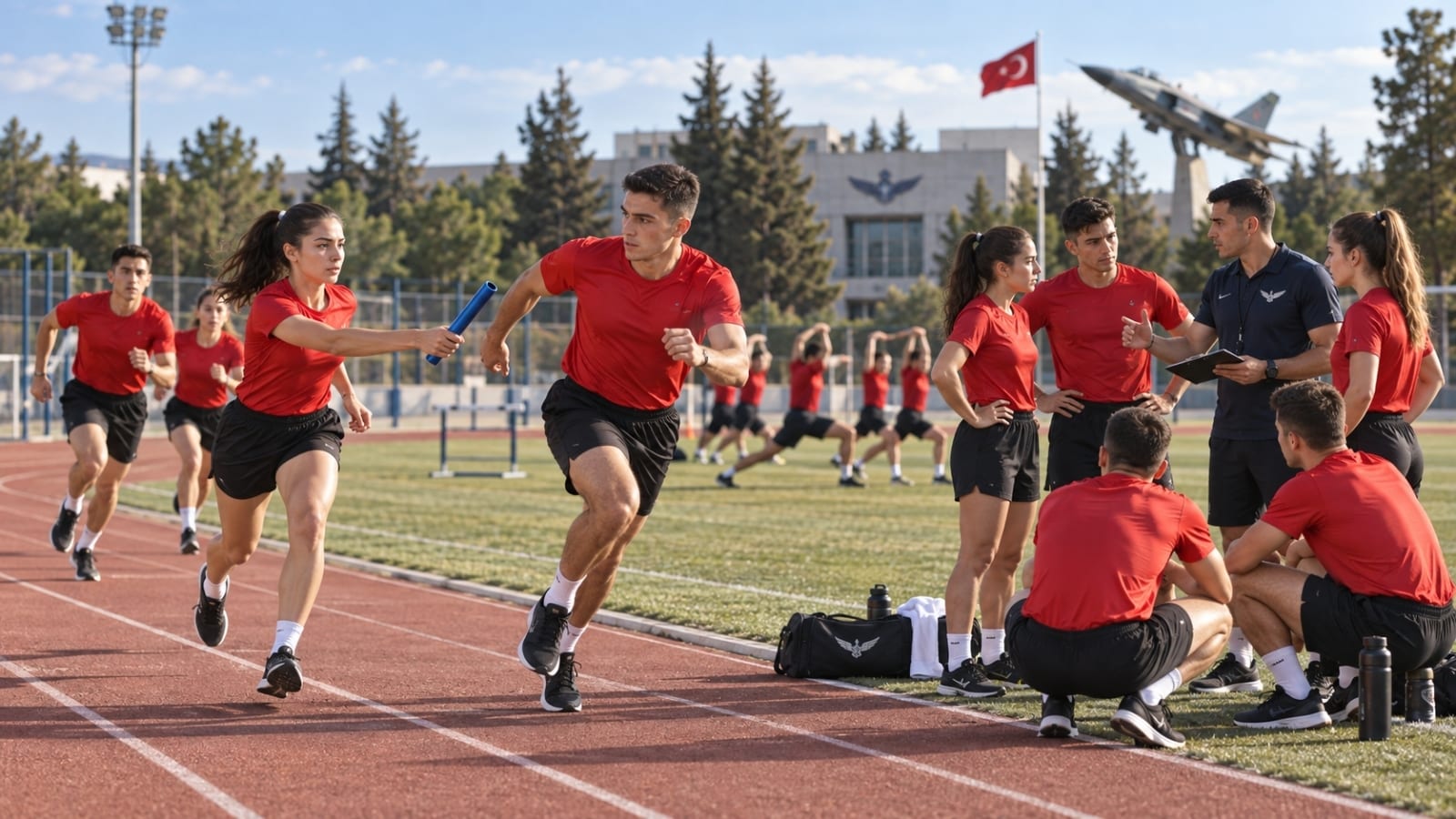 Atletizm pistinde bayrak değişimi ve takım antrenmanı yapan Hava Harp Okulu öğrencileri; antrenör saha kenarında çalışmayı takip ediyor