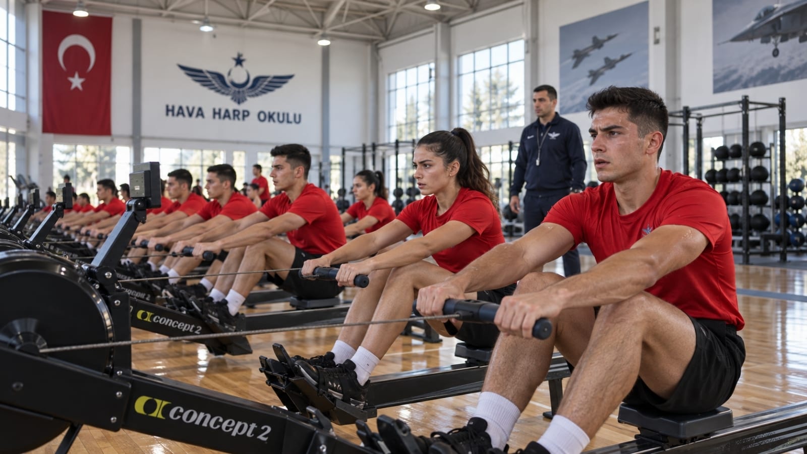 Hava Harp Okulu kapalı spor salonunda kırmızı spor kıyafetleriyle kürek ergometrelerinde dayanıklılık antrenmanı yapan Harbiyeliler