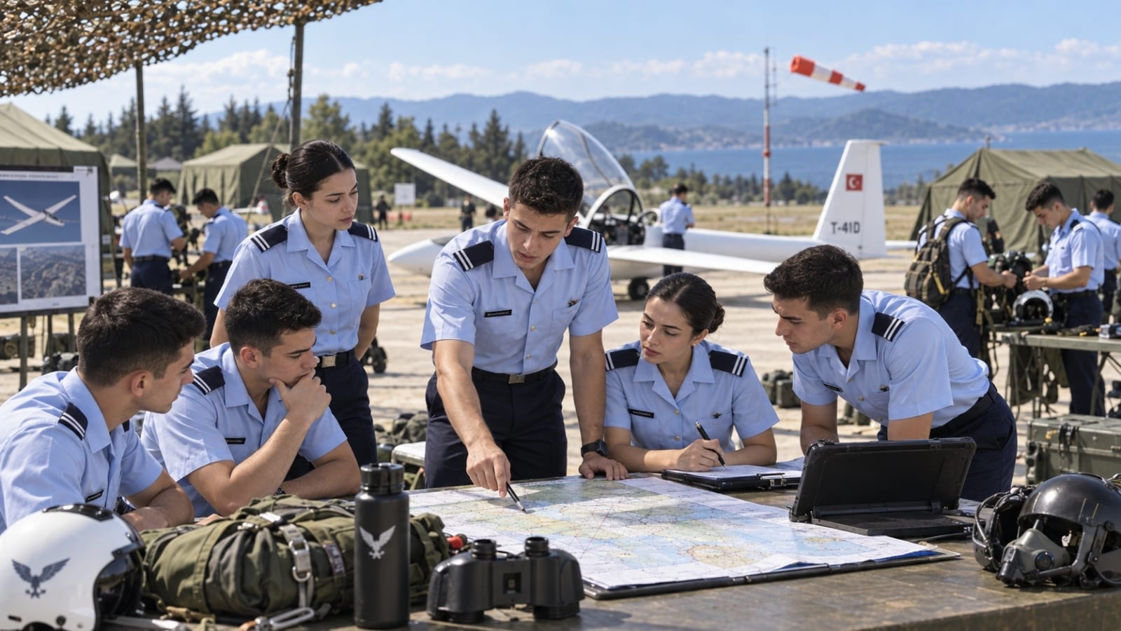 Yalova’daki uygulamalı eğitim kampında harita başında planlama yapan kadın ve erkek Harbiyeliler; arka planda planör, kamp alanı ve saha ekipmanları yer alıyor