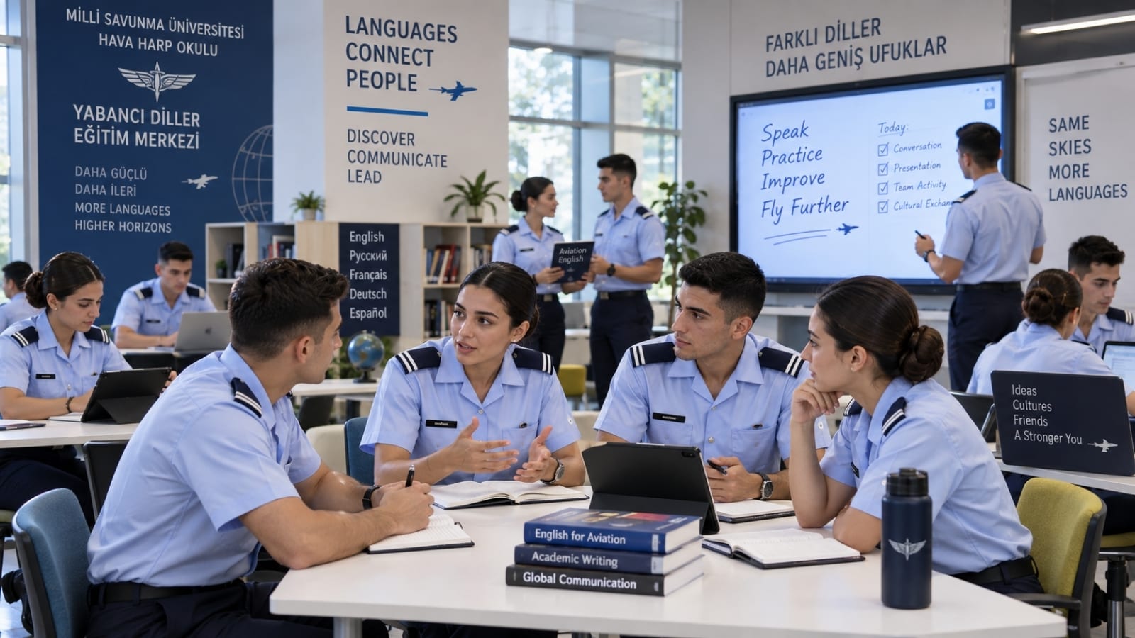 Yabancı dil çalışma merkezinde grup çalışması, konuşma pratiği ve bireysel öğrenme faaliyetlerine katılan Hava Harp Okulu öğrencileri