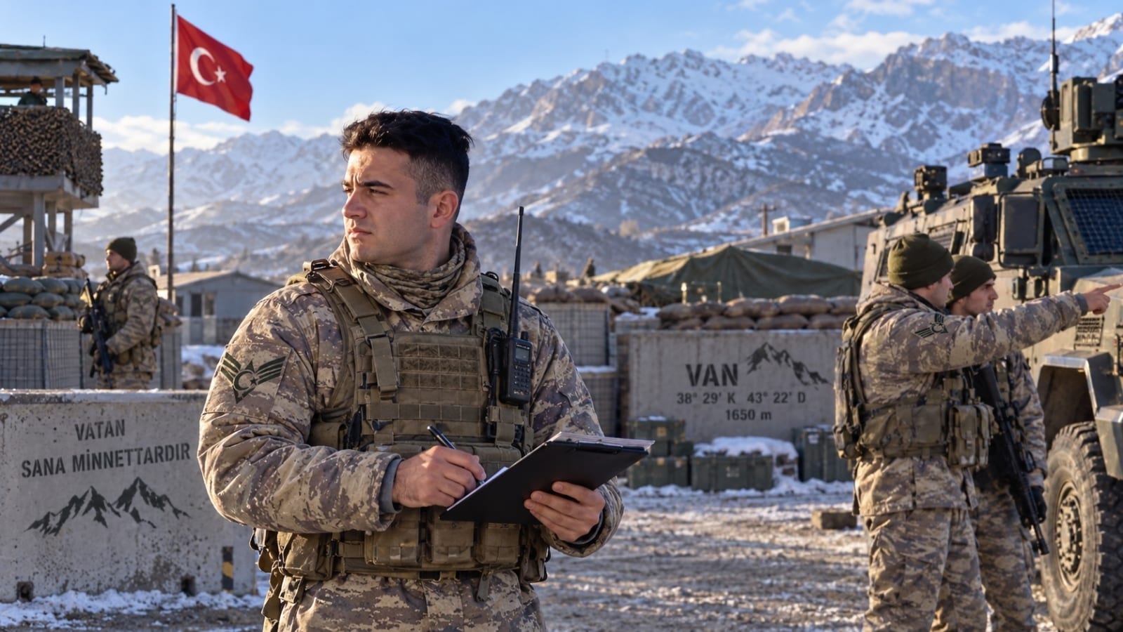 Van’daki birliğinde kış şartlarında görev yapan yedek astsubay personel.