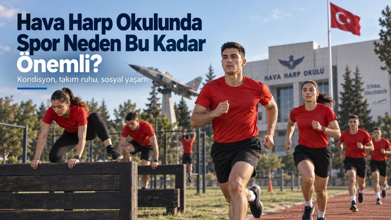 Hava Harp Okulu spor alanında kırmızı spor tişörtü ve siyah şortlarla koşu ve engel çalışması yapan kadın ve erkek Harbiyeliler