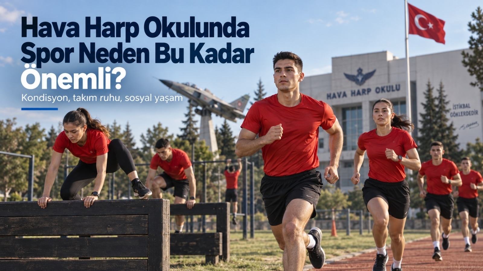 Hava Harp Okulu spor alanında kırmızı spor tişörtü ve siyah şortlarla koşu ve engel çalışması yapan kadın ve erkek Harbiyeliler
