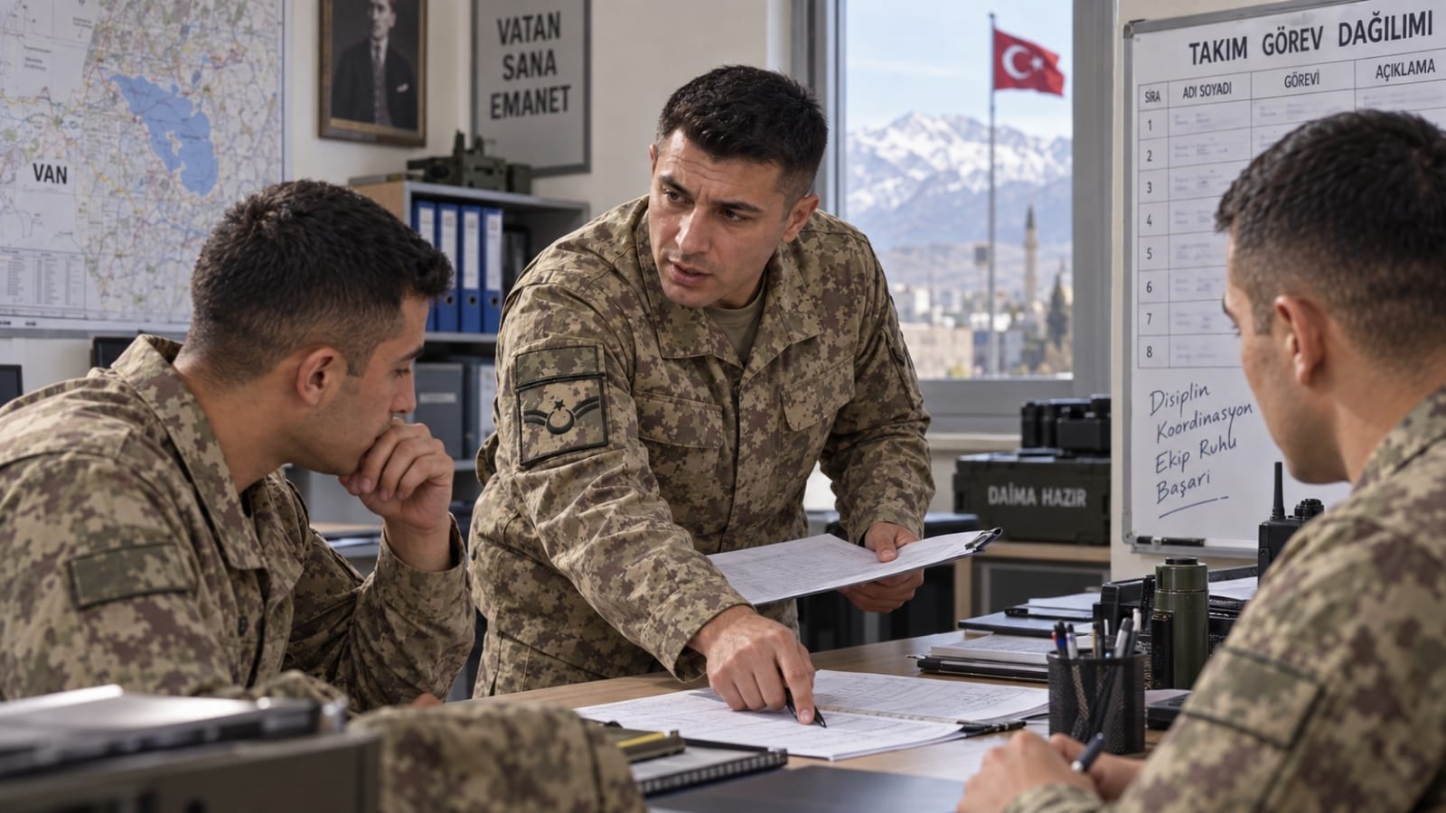 Takım astsubay yardımcılığı görevinde personel ve görev dağılımını inceleyen yedek astsubay.