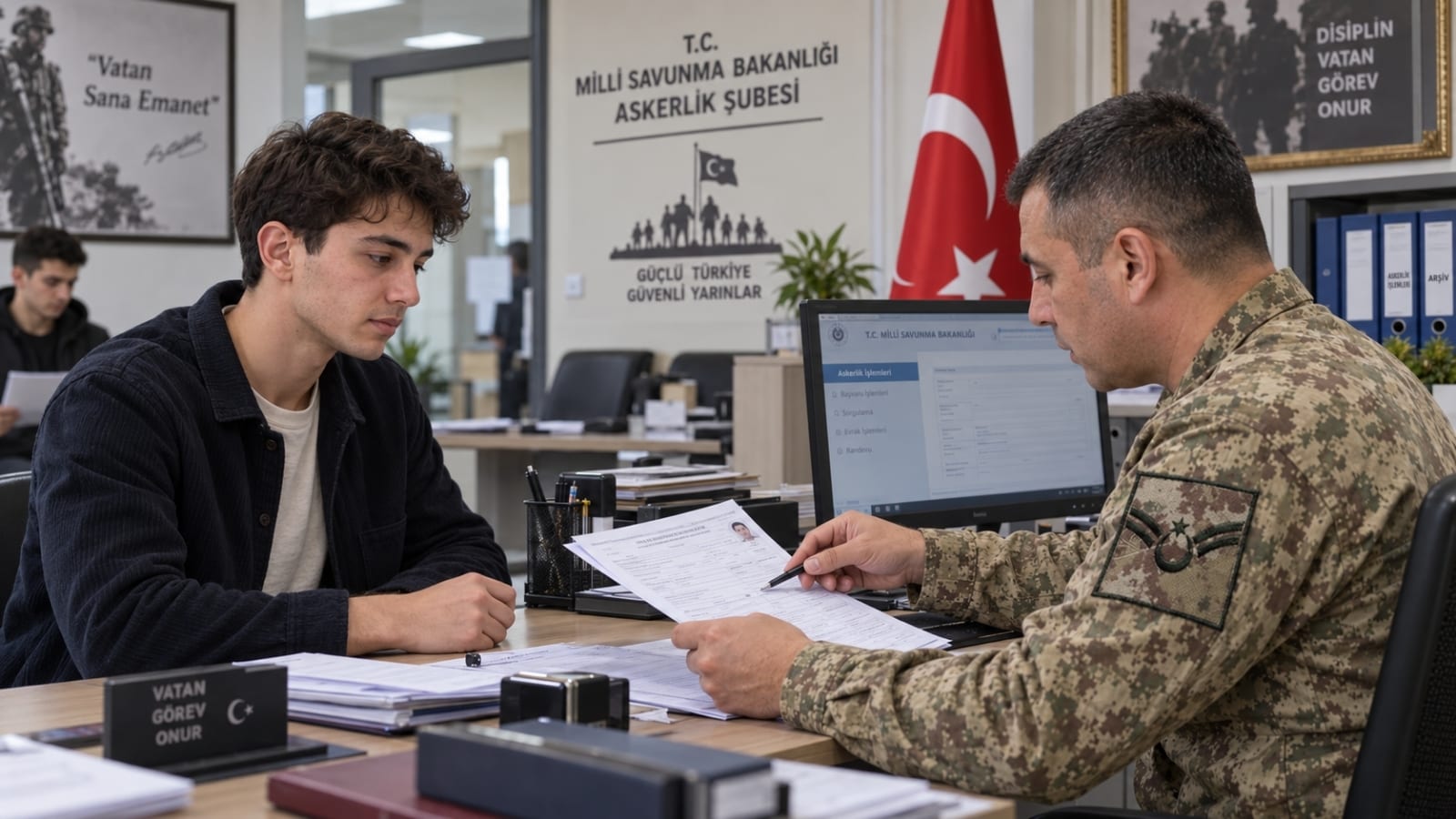 Askerlik şubesinde yedek astsubay ilk tercihini yapan ve başvuru formunu inceleyen aday.
