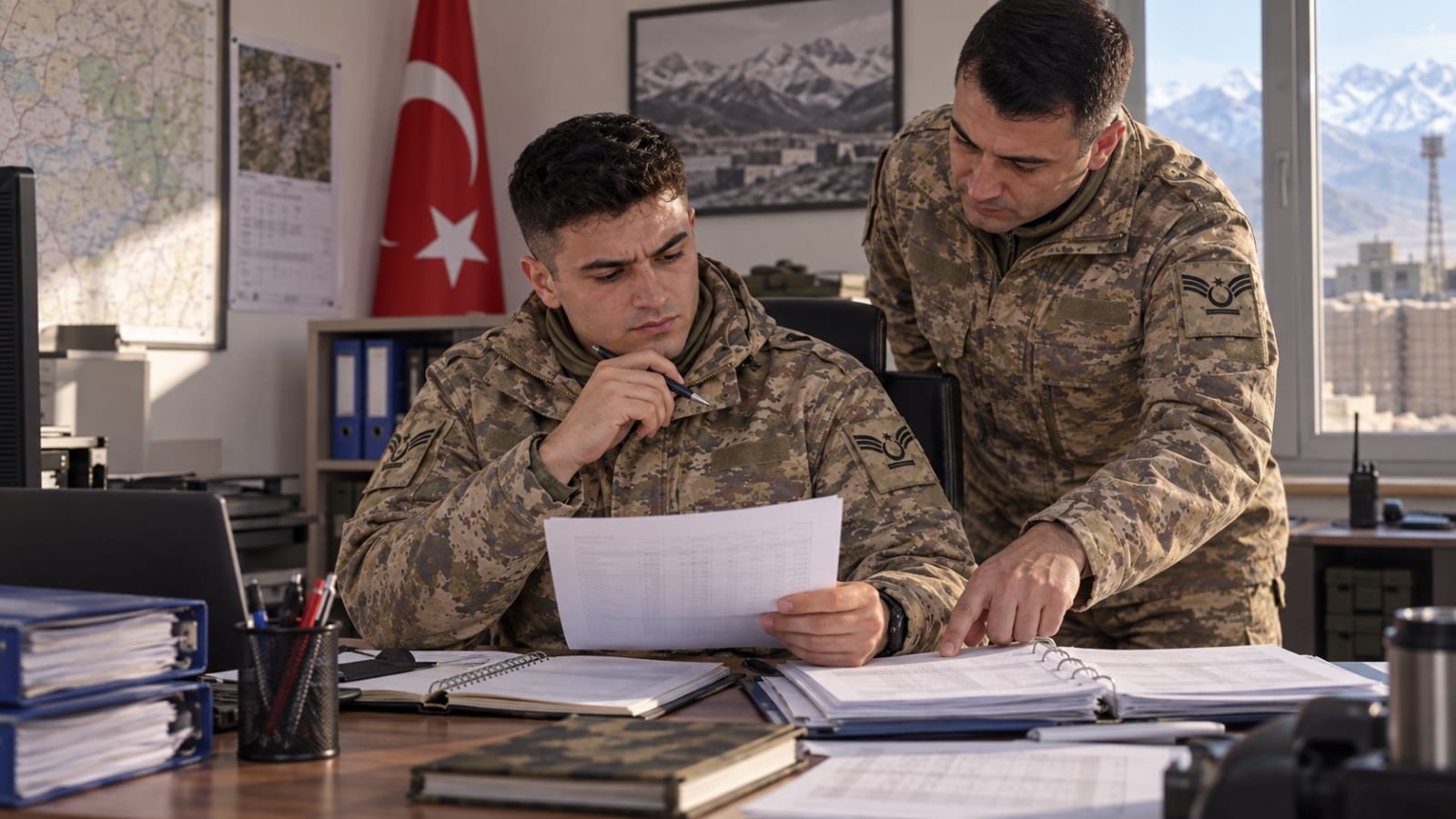 Yedek astsubay maaşı ve görev ödemelerine ilişkin evrakları inceleyen astsubaylar.