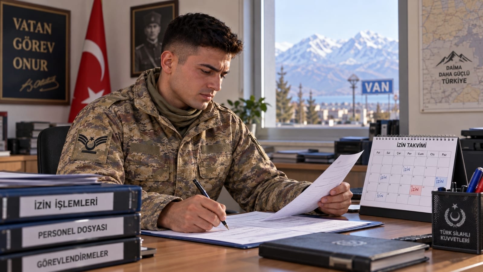 Yedek astsubayın görev süresindeki izin planını ve izin talep formunu inceleyen askerî personel.