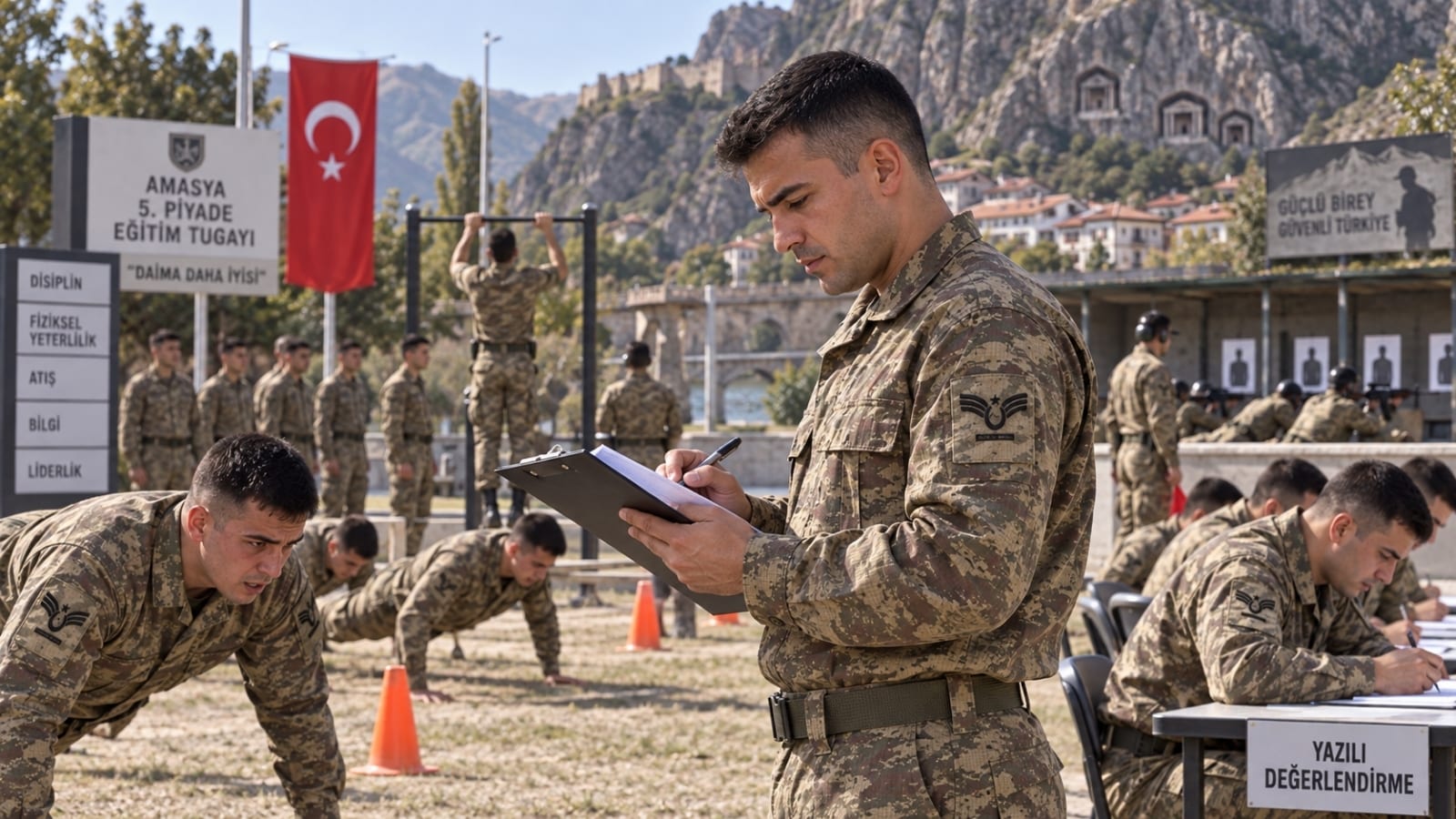 Amasya’daki yedek astsubay eğitiminde spor, atış ve yazılı değerlendirmelerle başarı sıralamasının oluşturulduğu eğitim günü.
