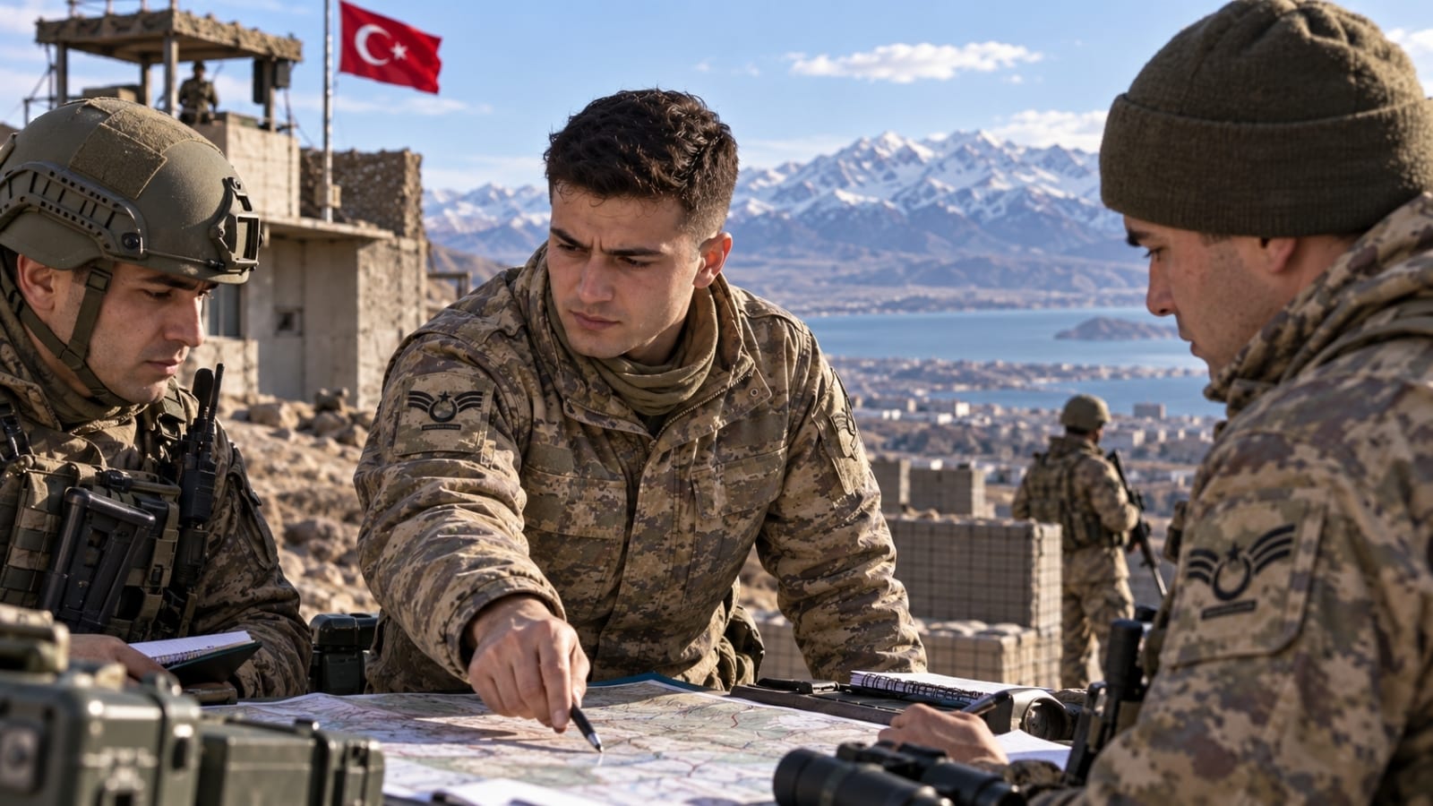 Van’daki görev yerinde ekip ile saha planlaması yapan yedek astsubay.