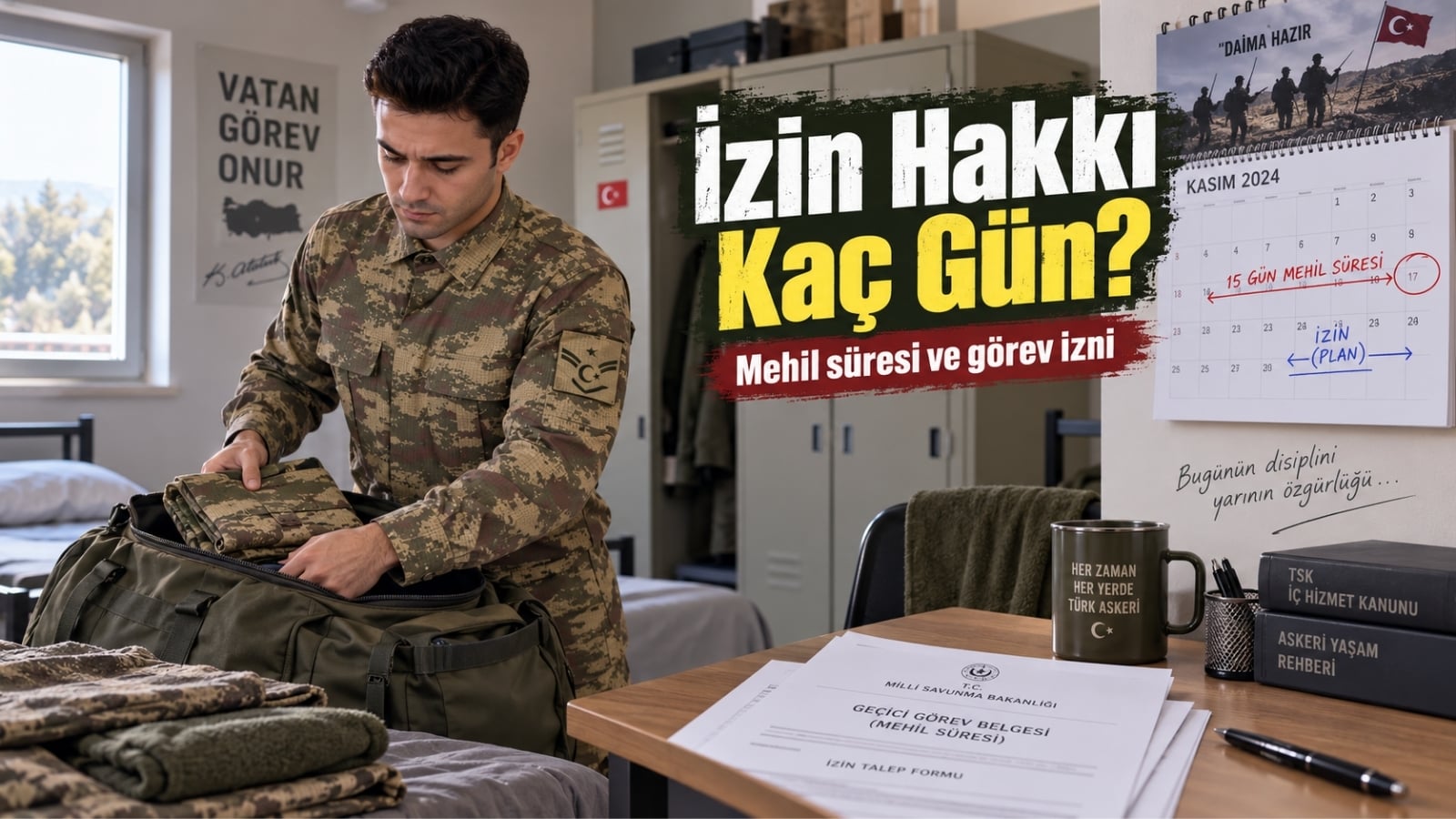 Yedek astsubay izin hakkı ve 15 günlük mehil süresi için hazırlık yapan astsubay astçavuş.