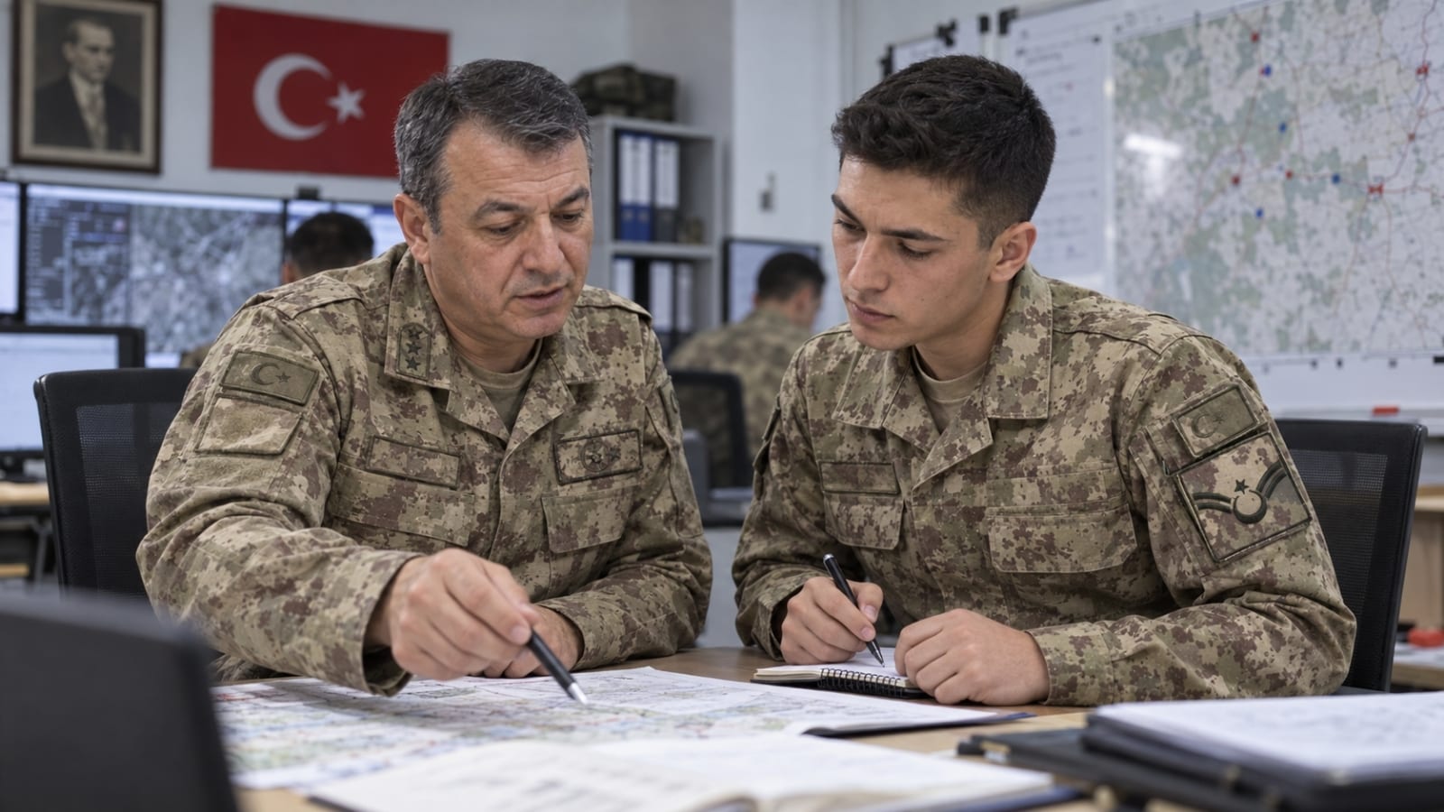 Muvazzaf astsubayla birlikte görev planlaması yapan yedek astsubay.