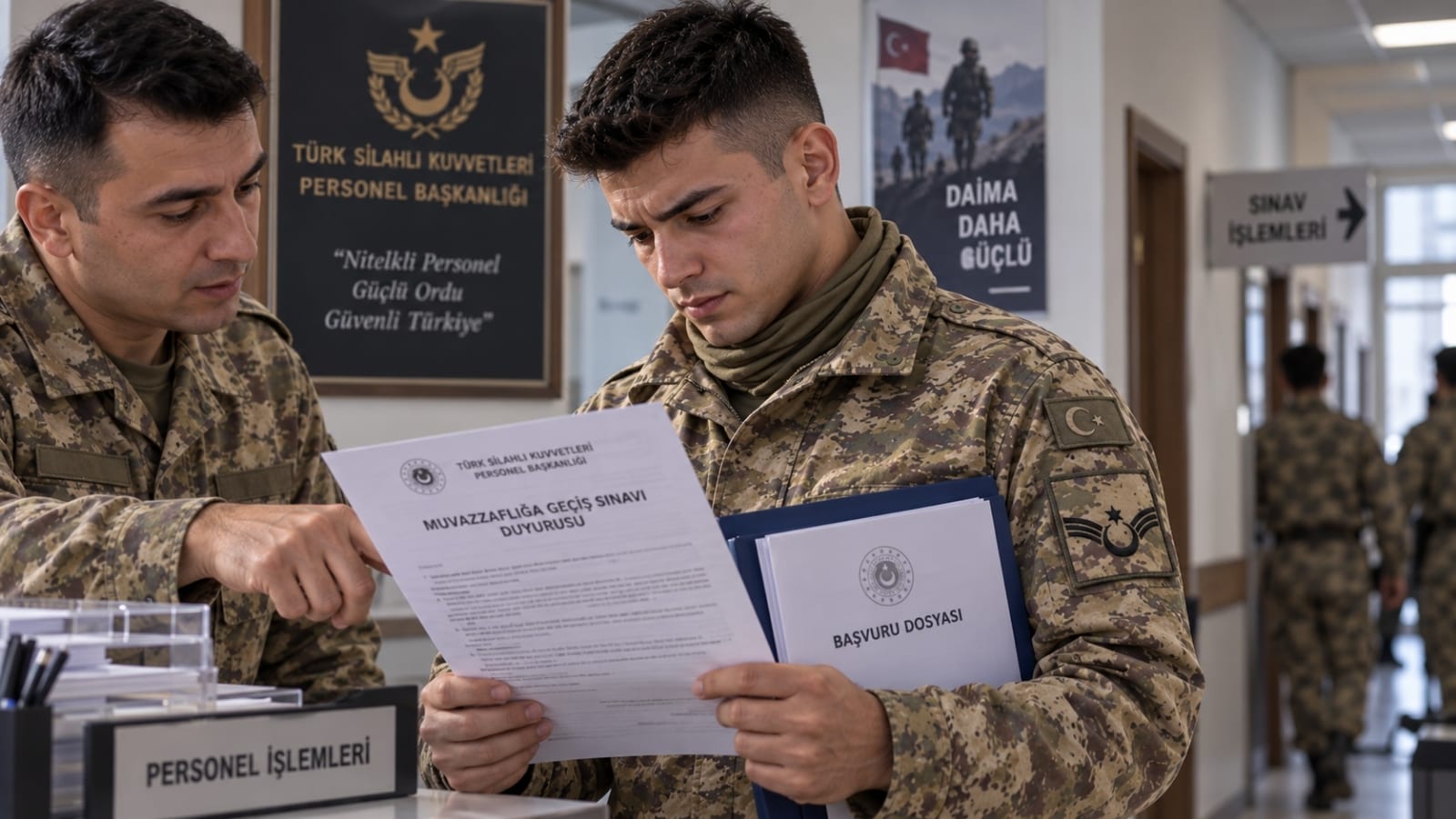 Muvazzaf astsubaylığa geçiş sınavı duyurusunu ve başvuru evraklarını inceleyen yedek astsubay.