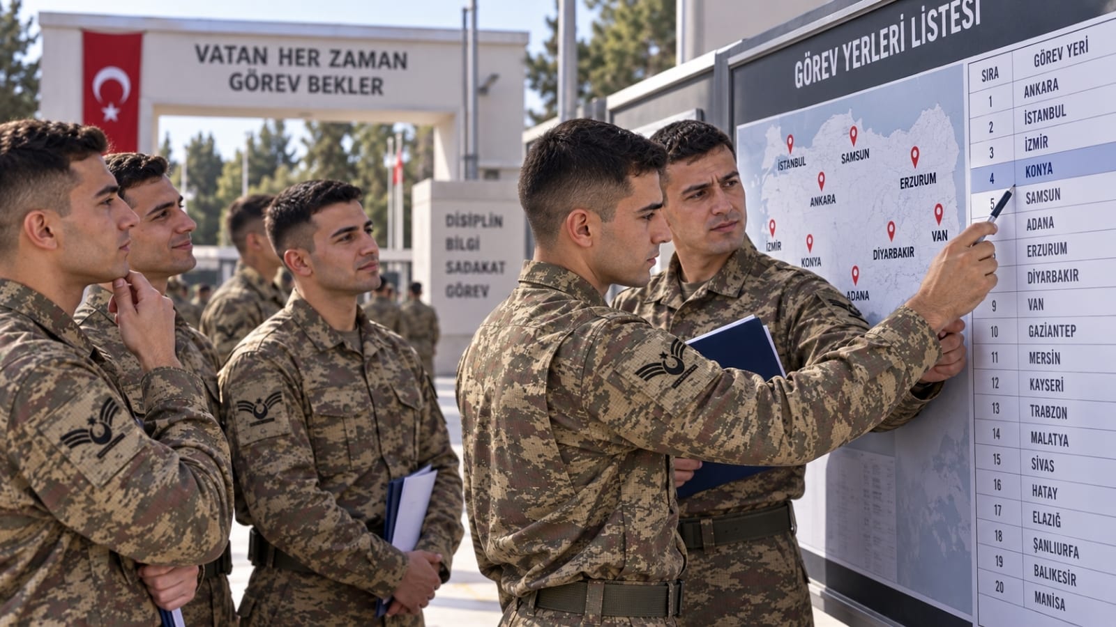 Dereceye giren yedek astsubay adaylarının açılan görev yerlerini ve şehir listesini incelediği sahne.