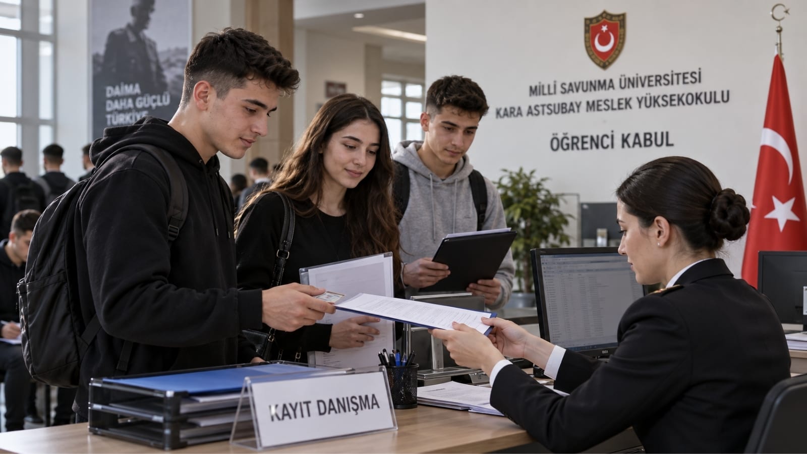 Askerî okul kayıt noktasında evrak teslimi ve kayıt işlemlerini sürdüren adayların yer aldığı düzenli başvuru sahnesi.