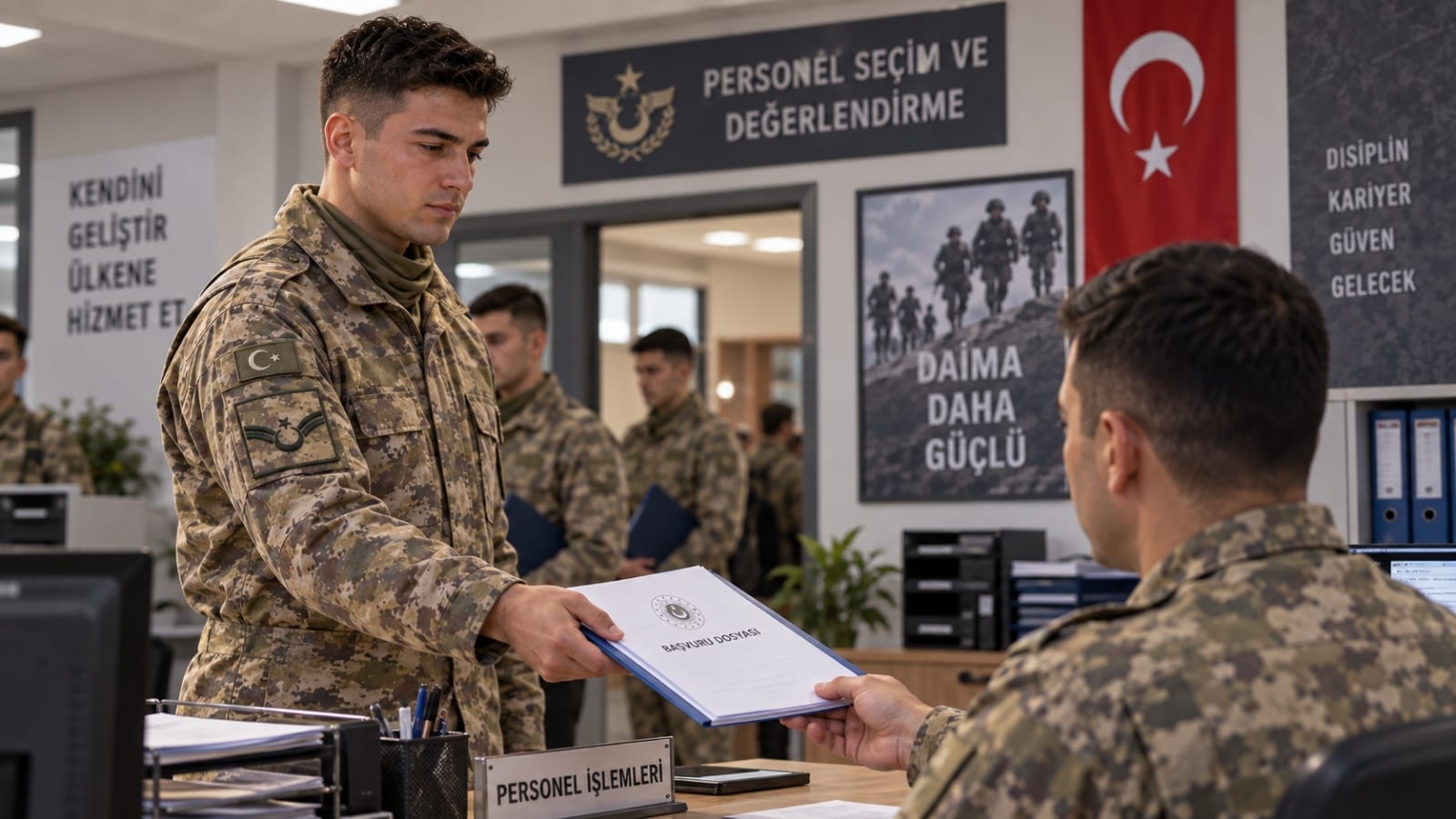 Görevdeki yedek astsubayın muvazzaflığa geçiş başvuru dosyasını personel işlemlerine teslim ettiği an.