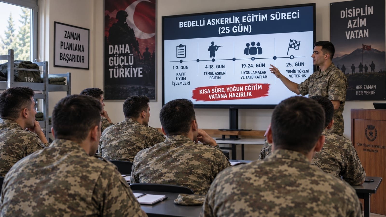 Bedelli askerlikte temel eğitim, yemin töreni ve terhis sürecini anlatan eğitim bilgilendirmesi.