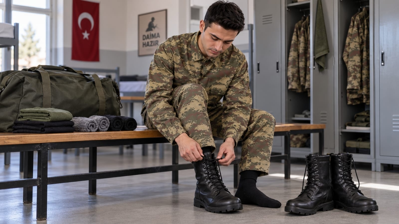 Askerî botunu giyerek numara ve rahatlığını kontrol eden rütbesiz asker.