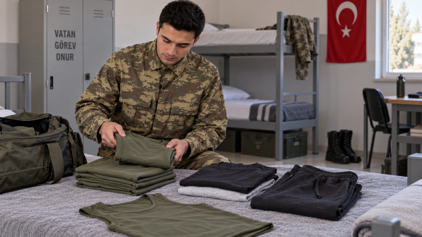 Haki fanila ve temel kıyafetlerini düzenleyerek askerlik çantasını hazırlayan rütbesiz asker.