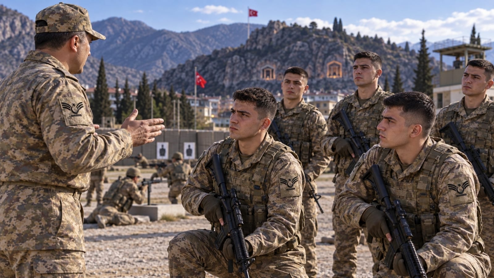 Amasya’daki yedek astsubay eğitiminde saha ve silah eğitimi için komut alan askerî öğrenciler.