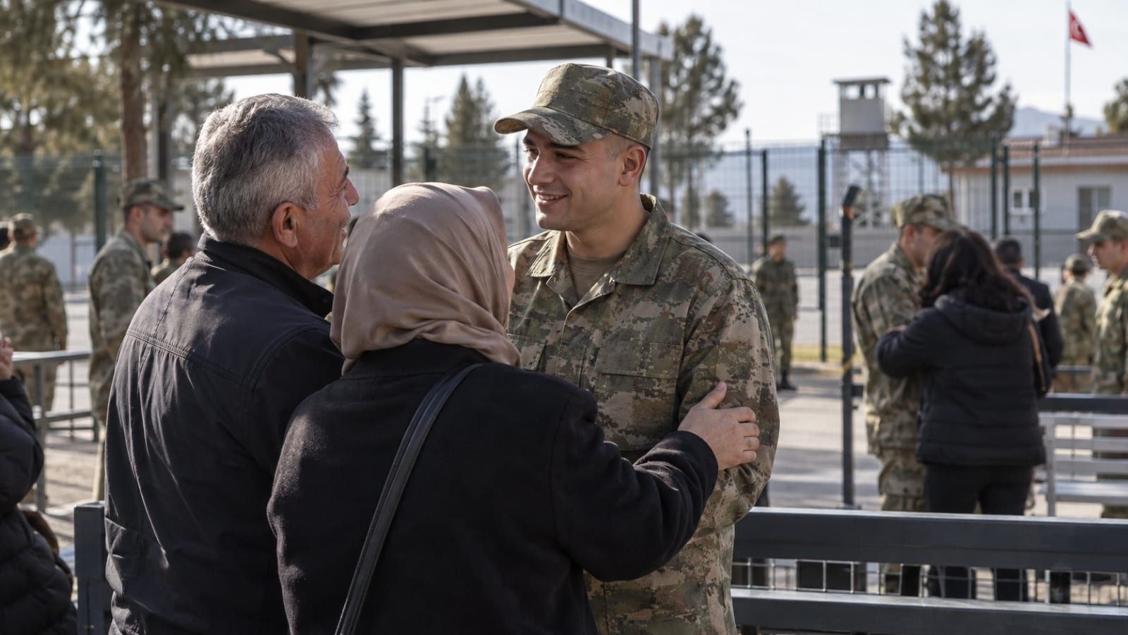 Kışla ziyaret alanında ailesiyle görüşen bedelli asker ve diğer ziyaretçiler.