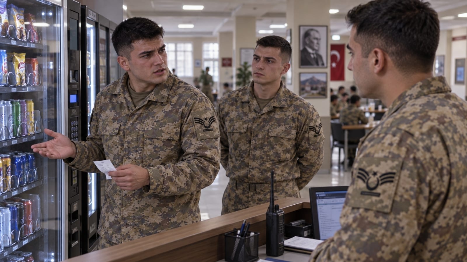 Amasya’daki birlikte içecek otomatında yaşanan ödeme sorununu görevli personele bildiren yedek astsubay adayları.