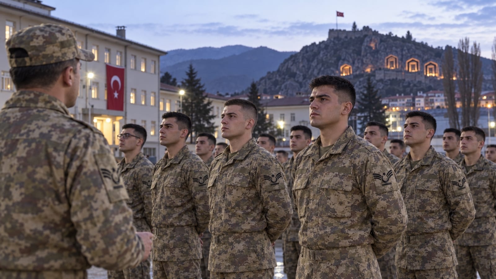 Gün doğmadan Amasya’daki eğitim birliğinde sabah içtimasına çıkan yedek astsubay adayları.