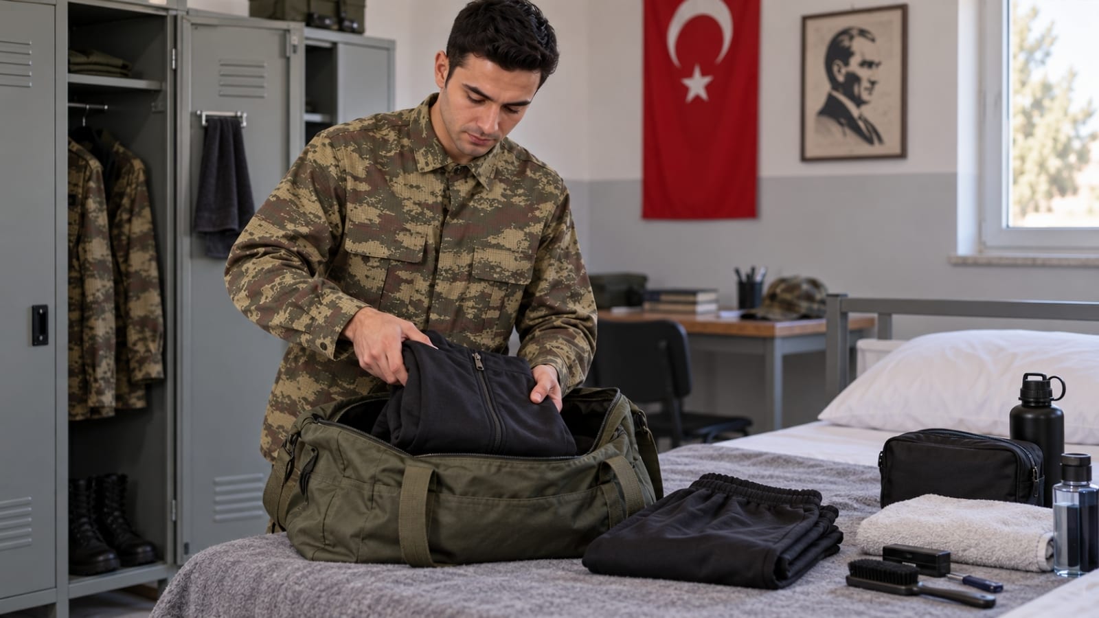 Askere götüreceği sade eşofman takımını çantasına yerleştiren asker.