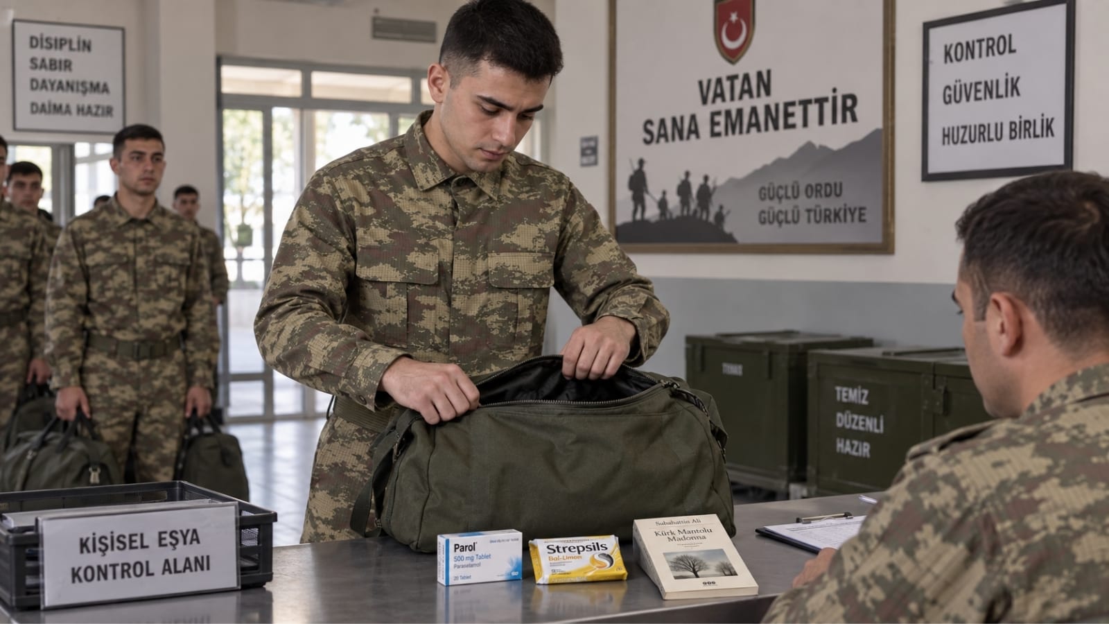 Birliğe girişte çantasındaki ilaç, pastil ve kişisel eşyaları kontrol edilen rütbesiz asker.