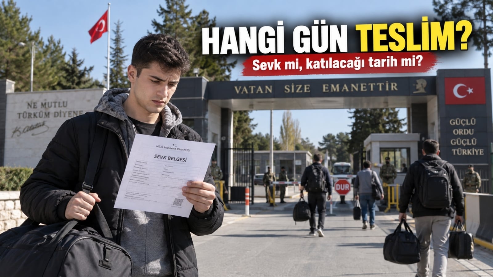 Sevk belgesindeki sevk ve katılış tarihini kontrol ederek birliğe teslim olmaya hazırlanan asker adayı.