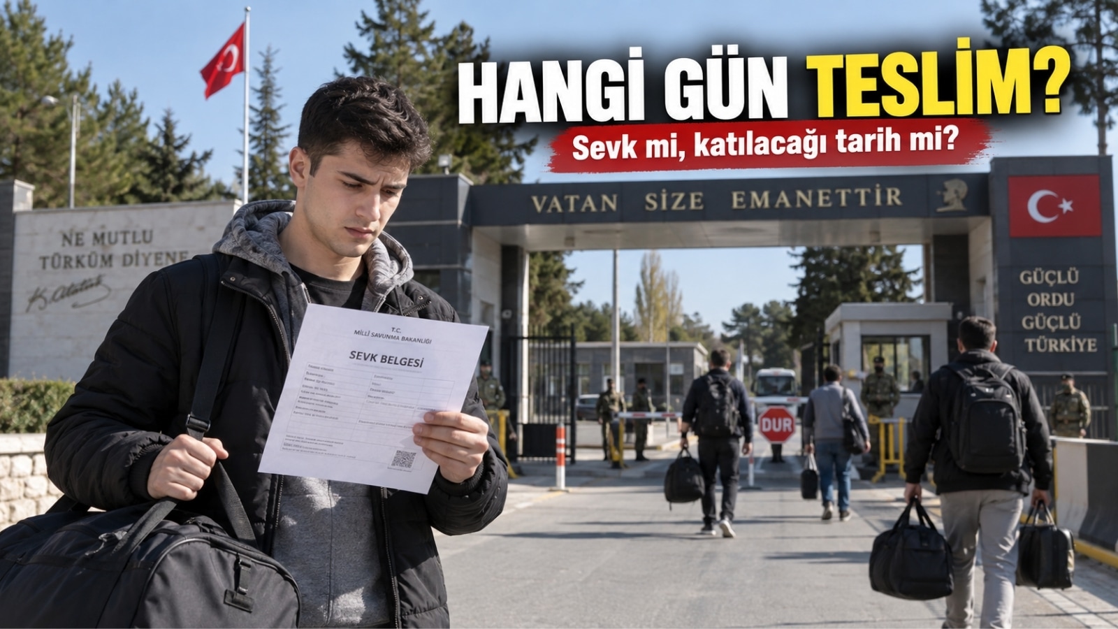 Sevk belgesindeki sevk ve katılış tarihini kontrol ederek birliğe teslim olmaya hazırlanan asker adayı.
