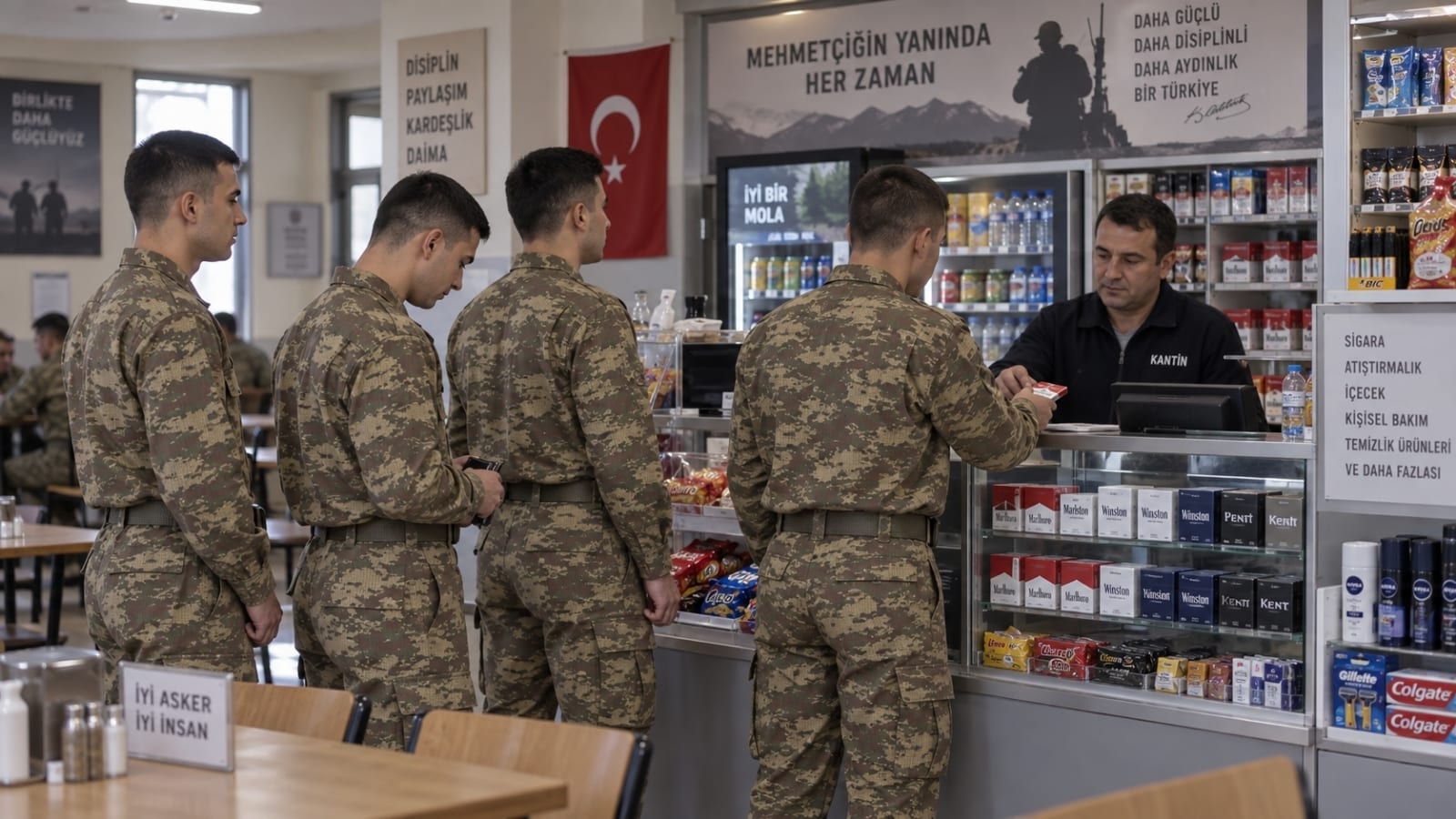 Askerî kantinde sigara ve temel ihtiyaç ürünleri için alışveriş yapan rütbesiz askerler.