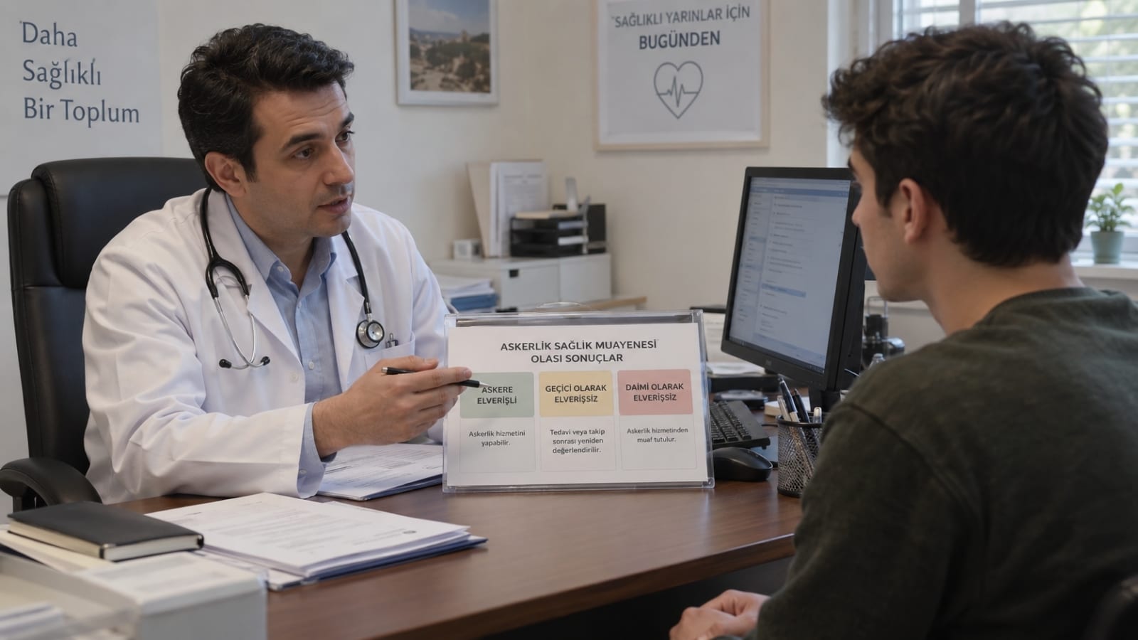 Aile hekimi muayenesinde doktorun asker adayına sağlık durumu hakkında bilgi verdiği görüşme sahnesi.