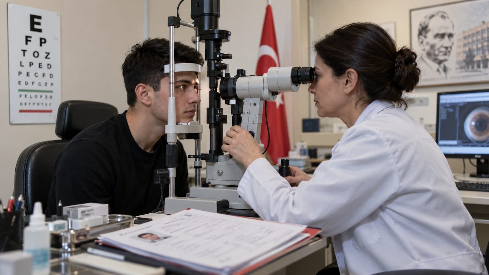 Askerlik sağlık değerlendirmesi kapsamında ayrıntılı göz muayenesinden geçen yükümlü.