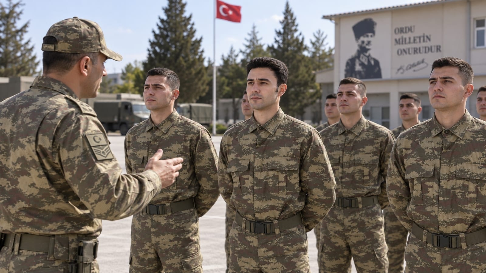Sınıflandırma sonucunda er statüsünde askerlik yapan rütbesiz yükümlülere komutan tarafından bilgi verilen birlik sahnesi.