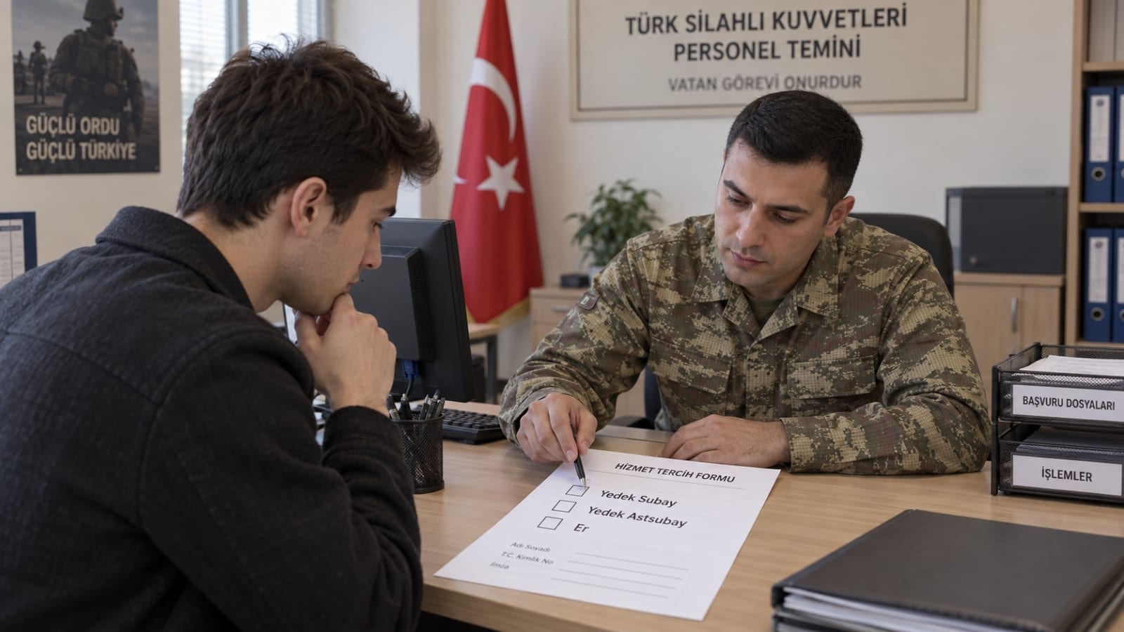Askerlik hizmet tercihinde yedek subay, yedek astsubay ve er seçeneklerini inceleyen yükümlü.