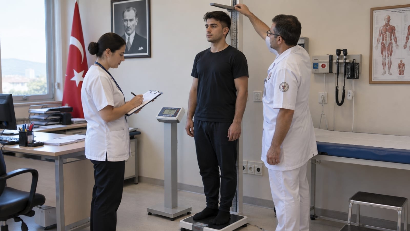 Askerlik sağlık muayenesinde boy ve kilo ölçümü yapılan yükümlü.