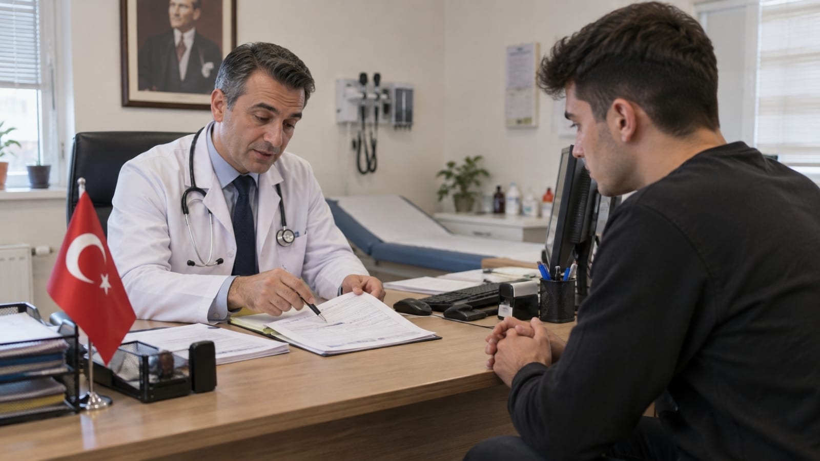 Doktorun sağlık raporu üzerinden askerlikte geçici sağlık engeli ve erteleme sürecini anlattığı görüşme.