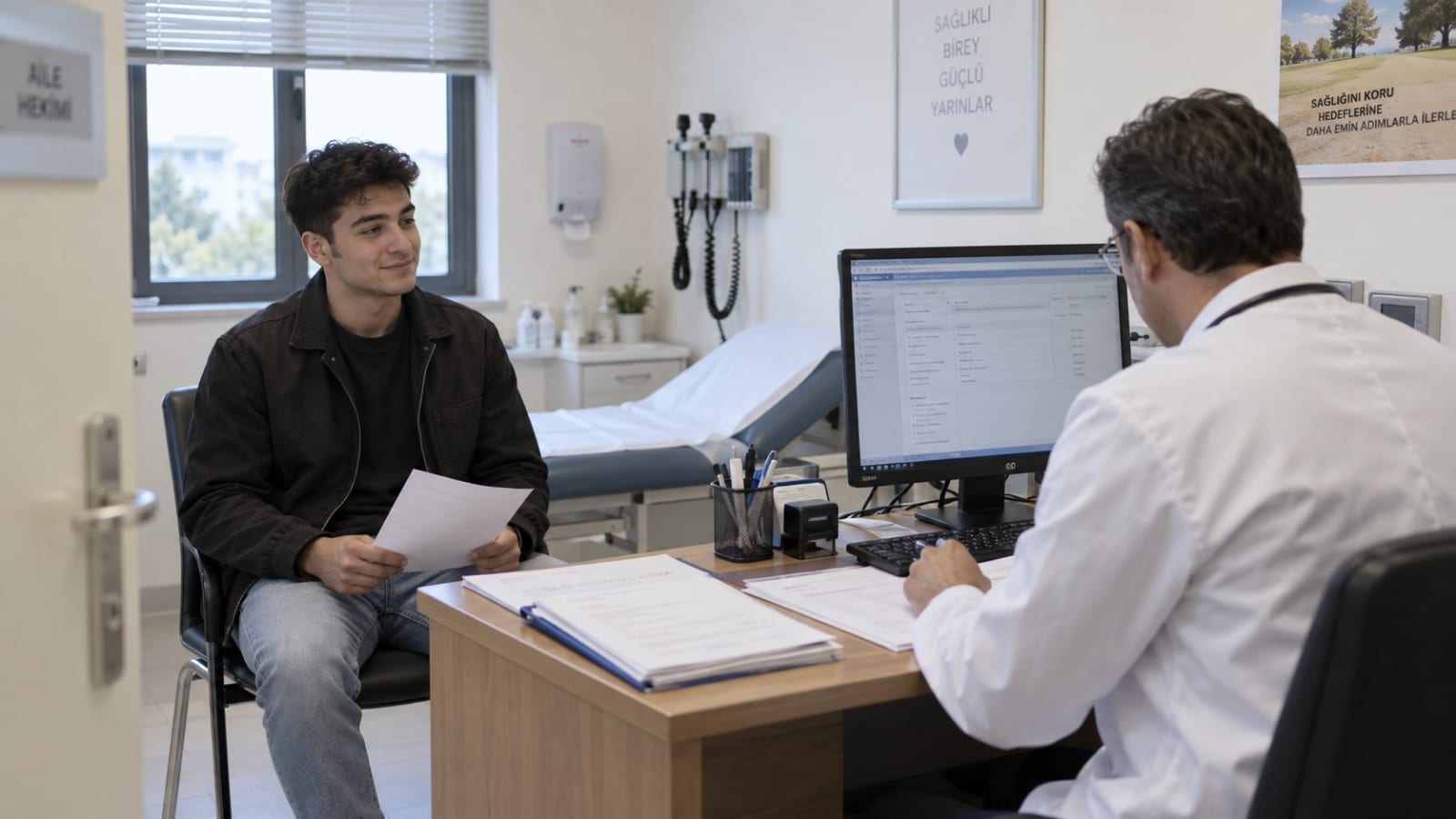 Muayene sonrasında askerliğe elverişli raporu sürecini temsil eden sakin doktor-hasta görüşmesi.